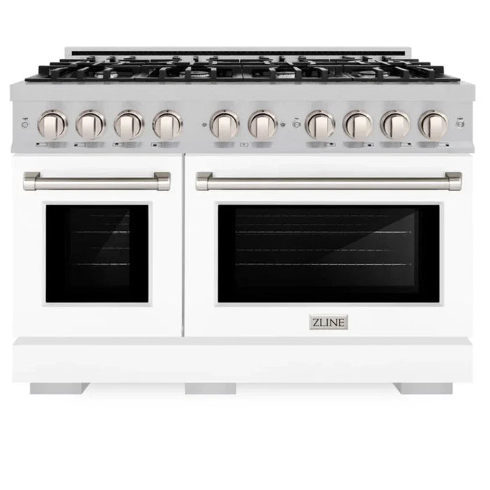 ZLINE 48" 6.7 cu. ft. Select Double Oven Gas Range with 8 Burners in DuraSnow® Stainless Steel with White Matte Doors, HGRS-WM-48