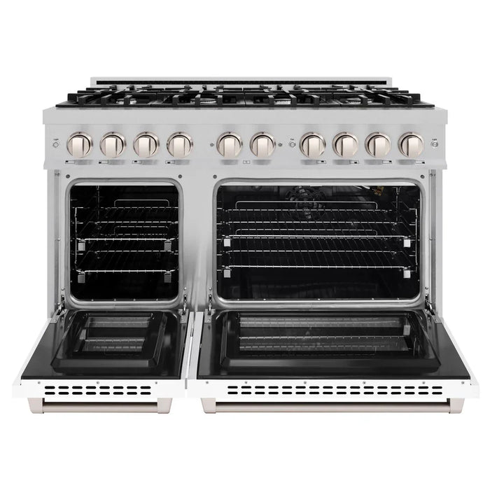 ZLINE 48" 6.7 cu. ft. Select Double Oven Gas Range with 8 Burners in DuraSnow® Stainless Steel with White Matte Doors, HGRS-WM-48