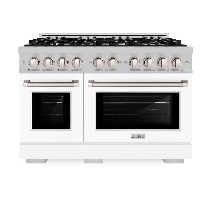 ZLINE 48 in. 6.7 cu. ft. Select Double Oven Gas Range with 8 Burner Cooktop in DuraSnow® Stainless Steel with White Matte Doors (HGRS-WM-48)