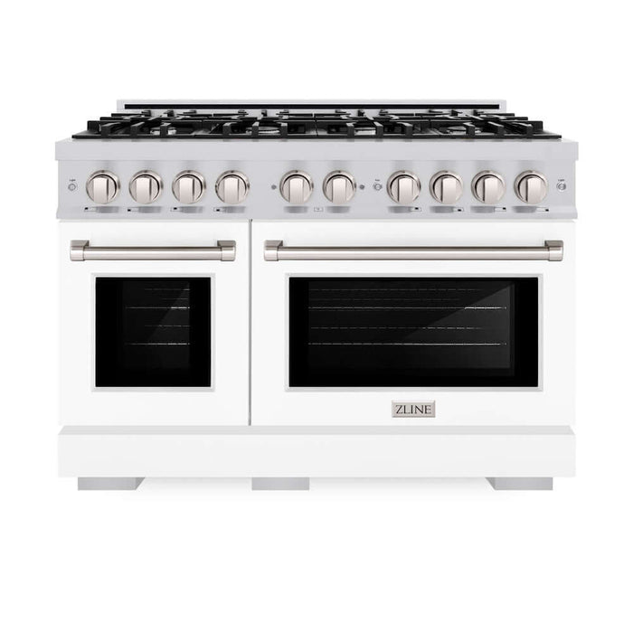 ZLINE 48 in. 6.7 cu. ft. Select Double Oven Gas Range with 8 Burner Cooktop in Stainless Steel with White Matte Doors (HGR-WM-48)