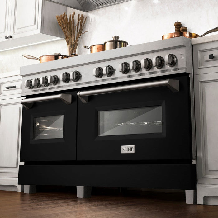 ZLINE 60 in. 7.4 cu. ft. Legacy Dual Fuel Range with 9 Burner Gas Cooktop and 2 Electric Convection Ovens in DuraSnow® Stainless Steel and Black Matte Doors (RAS-BLM-60)