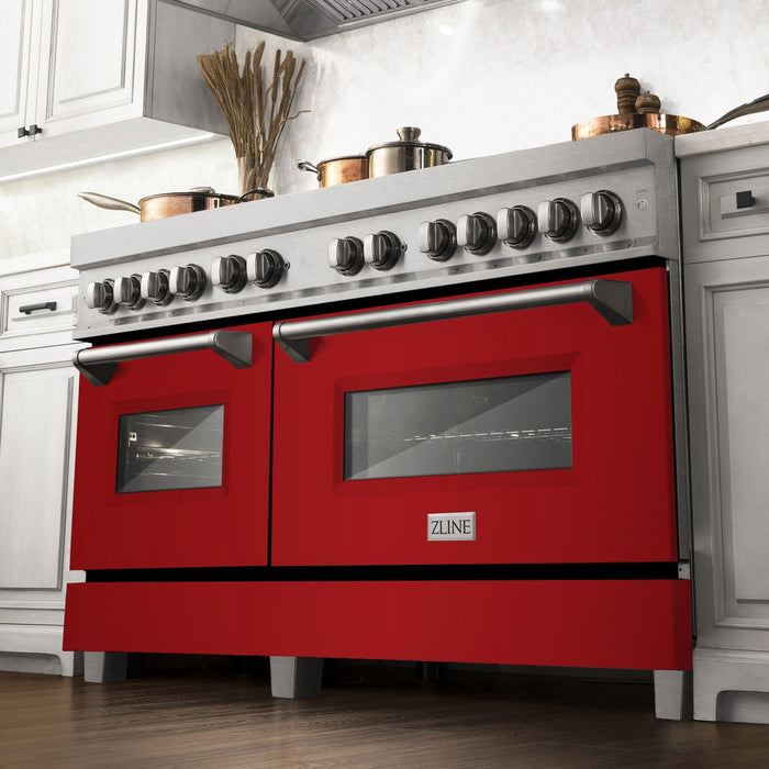 ZLINE 60 in. 7.4 cu. ft. Legacy Dual Fuel Range with 9 Burner Gas Cooktop and 2 Electric Convection Ovens in DuraSnow® Stainless Steel and Red Gloss Doors (RAS-RG-60)