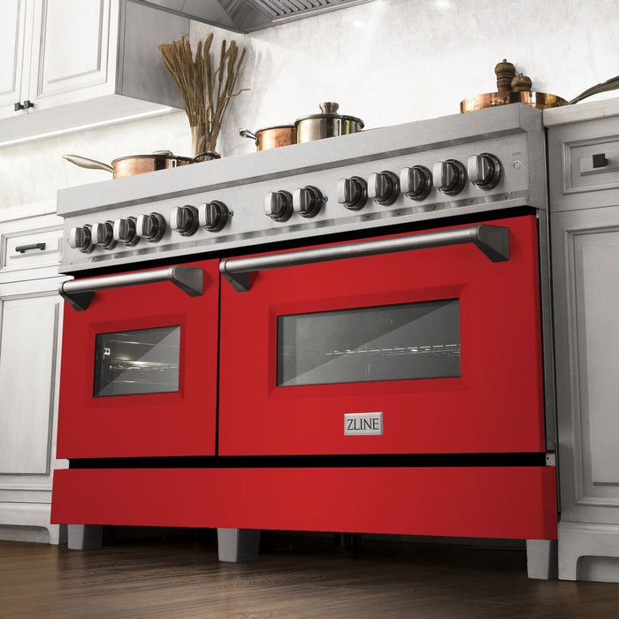 ZLINE 60 in. 7.4 cu. ft. Legacy Dual Fuel Range with 9 Burner Gas Cooktop and 2 Electric Convection Ovens in DuraSnow® Stainless Steel and Red Matte Doors (RAS-RM-60)