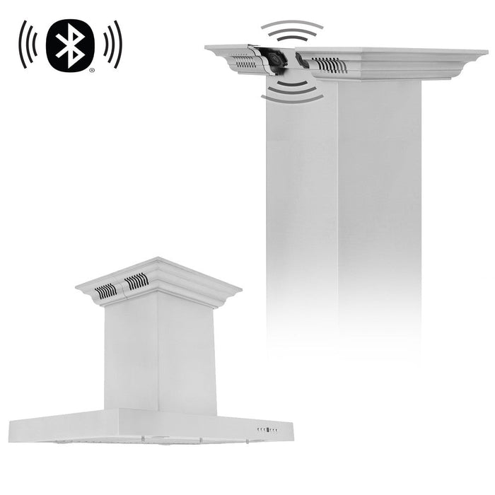 ZLINE Island Mount Range Hood in Stainless Steel with Built-in ZLINE CrownSound Bluetooth Speakers (KE2iCRN-BT) 36 Inch