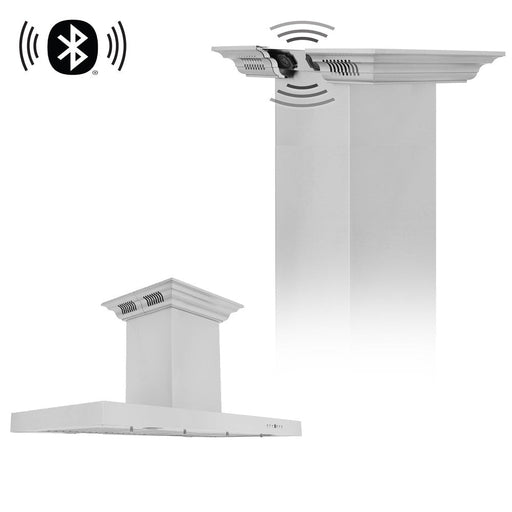 ZLINE Island Mount Range Hood in Stainless Steel with Built-in ZLINE CrownSound Bluetooth Speakers (KE2iCRN-BT) 30 Inch