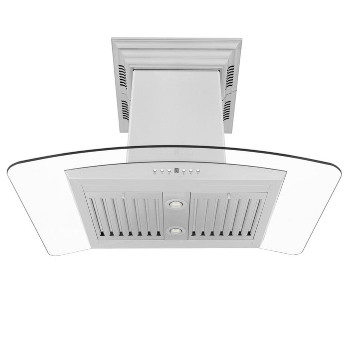 ZLINE Island Mount Range Hood in Stainless Steel and Glass with Built-in CrownSound Bluetooth Speakers (GL5iCRN-BT)