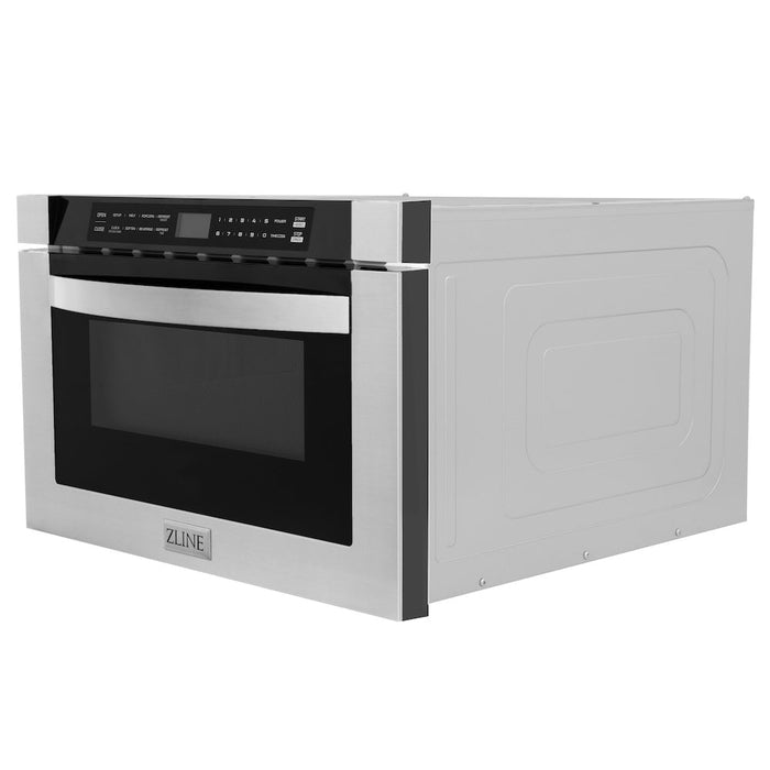 ZLINE 36 in. Kitchen Package with Stainless Steel Gas Range, Range Hood, Microwave Drawer, Tall Tub Dishwasher and Wine Cooler