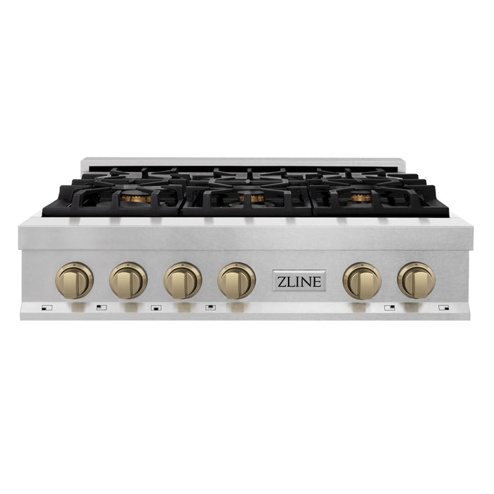 ZLINE Autograph Edition 36 In. Rangetop with 6 Gas Burners in DuraSnow® Stainless Steel and Champagne Bronze Accents, RTSZ-36-CB