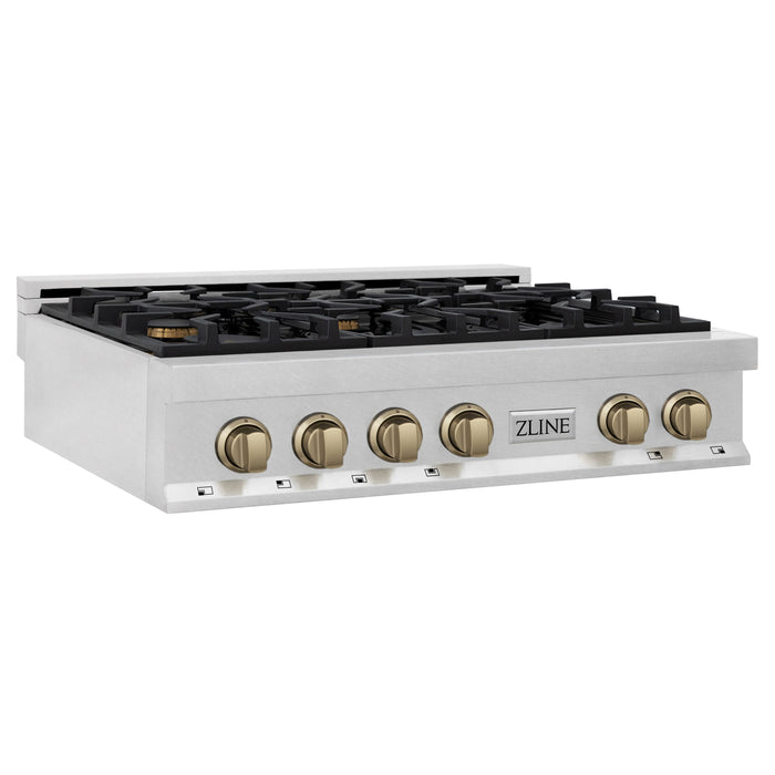 ZLINE Autograph Edition 36 In. Rangetop with 6 Gas Burners in DuraSnow® Stainless Steel and Champagne Bronze Accents, RTSZ-36-CB