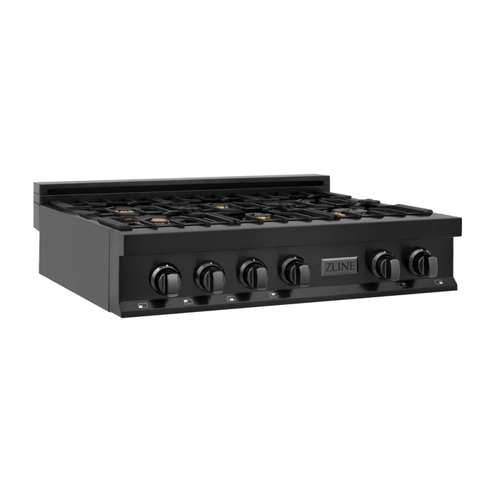 ZLINE Appliance Package - 36" Rangetop With 6 Gas Burners, Range Hood In Black Stainless Steel, 2KP-RTBRH36