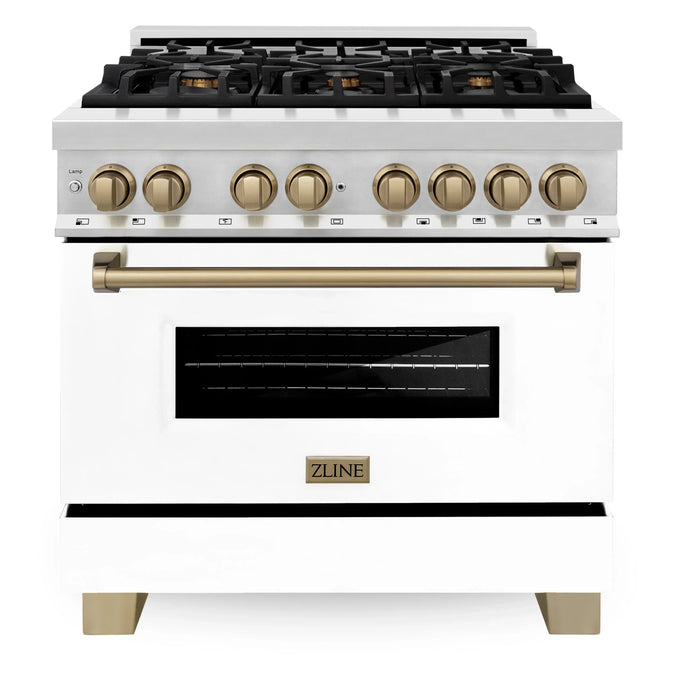 ZLINE Autograph Package - 36 In. Dual Fuel Range and Range Hood with White Matte Door and Bronze Accents, 2AKP-RAWMRH36-CB