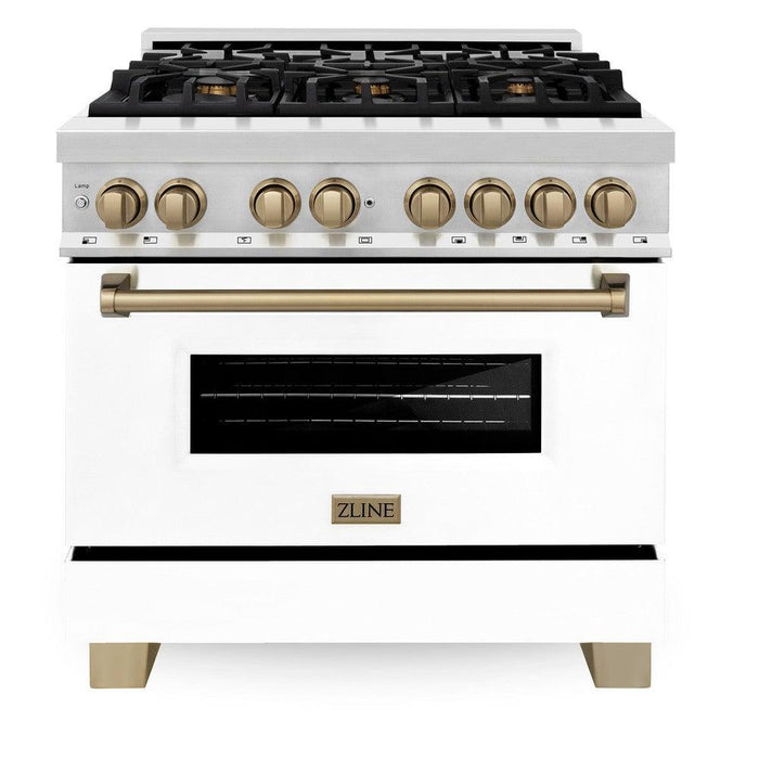 ZLINE Autograph Edition 36 in. 4.6 cu. ft. Legacy Dual Fuel Range with 6 Burner Gas Cooktop and Electric Convection Oven in Stainless Steel with White Matte Door and Champagne Bronze Accents (RAZ-WM-36-CB)