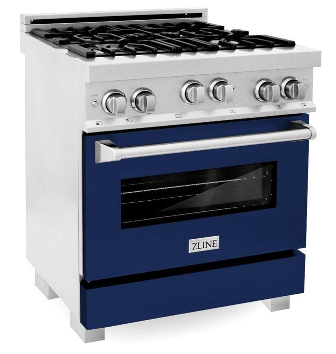 ZLINE 30" Professional Gas Range in DuraSnow® with Blue Gloss Door & 30" Range Hood Appliance Package, 2KP-RGSBGRH30