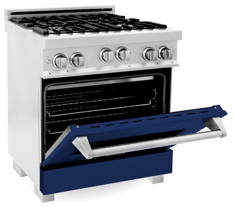 ZLINE 30" Professional Gas Range in DuraSnow® with Blue Gloss Door & 30" Range Hood Appliance Package, 2KP-RGSBGRH30