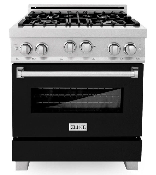 ZLINE 30" Professional Gas Range in DuraSnow® with Black Matte Door & 30" Range Hood Appliance Package, 2KP-RGSBLMRH30