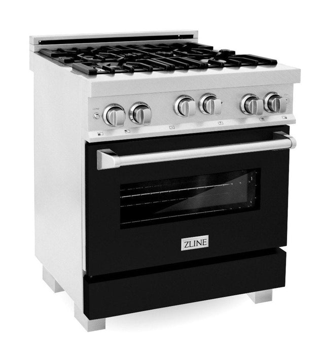 ZLINE 30" Professional Gas Range in DuraSnow® with Black Matte Door & 30" Range Hood Appliance Package, 2KP-RGSBLMRH30