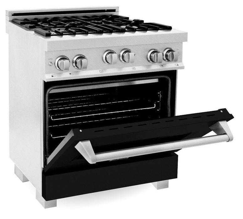 ZLINE 30" Professional Gas Range in DuraSnow® with Black Matte Door & 30" Range Hood Appliance Package, 2KP-RGSBLMRH30