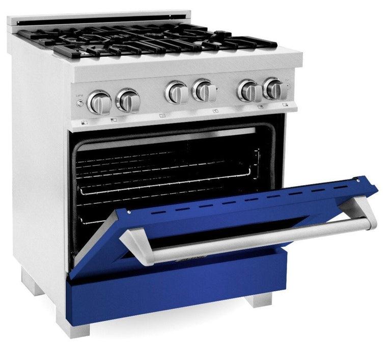 ZLINE 30" Professional Gas Range in DuraSnow® with Blue Matte Door & 30" Range Hood Appliance Package, 2KP-RGSBMRH30