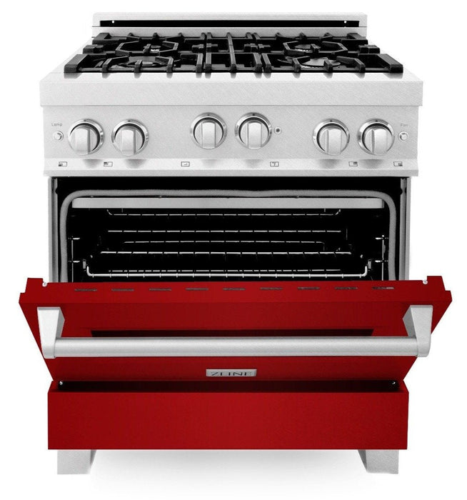 ZLINE 30" Professional Gas Range in DuraSnow® with Red Gloss Door & 30" Range Hood Appliance Package, 2KP-RGSRGRH30