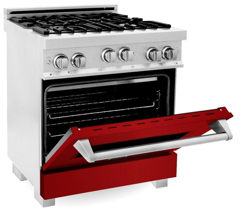 ZLINE 30" Professional Gas Range in DuraSnow® with Red Gloss Door & 30" Range Hood Appliance Package, 2KP-RGSRGRH30