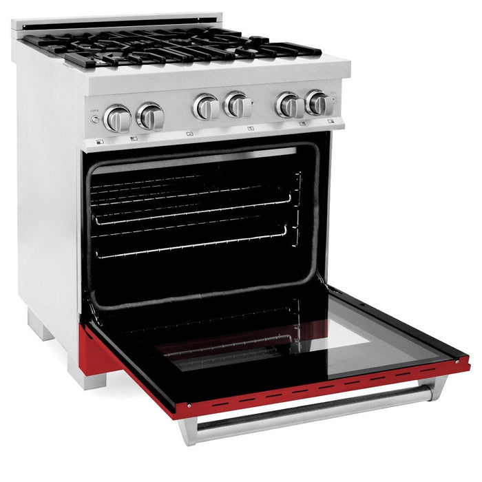 ZLINE 30" Professional Gas Range in DuraSnow® with Red Matte Door & 30" Range Hood Appliance Package, 2KP-RGSRMRH30