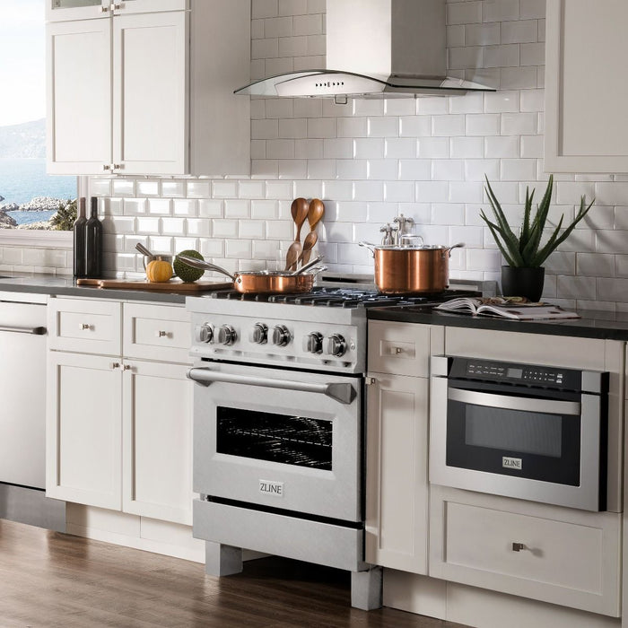 ZLINE 30" Professional Gas Range in DuraSnow® Stainless Steel & 30" Range Hood Appliance Package, 2KP-RGSSNRH30