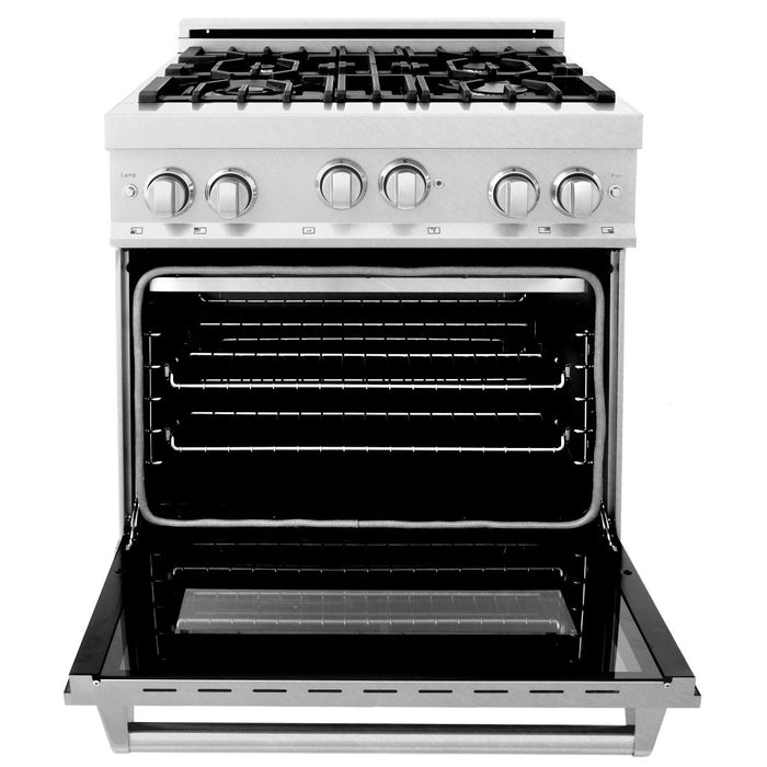 ZLINE 30 in. Kitchen Appliance Package with DuraSnow® Stainless Steel Gas Range, Ducted Range Hood and Dishwasher, 3KP-RGSRH30-DW