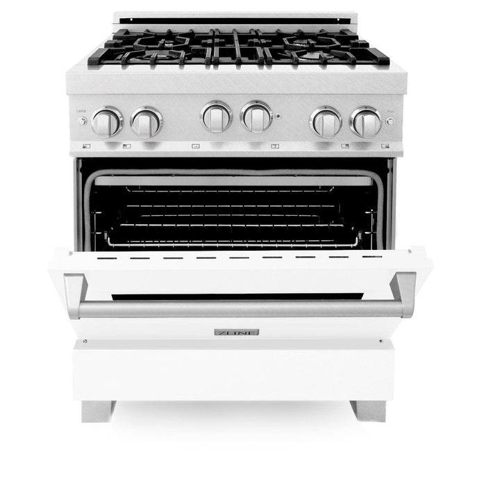 ZLINE 30" Professional Gas Range in DuraSnow® with White Matte Door & 30" Range Hood Appliance Package, 2KP-RGSWMRH30