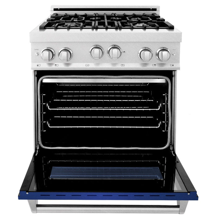 ZLINE 30" Professional Gas Range in DuraSnow® with Blue Matte Door & 30" Range Hood Appliance Package, 2KP-RGSBMRH30