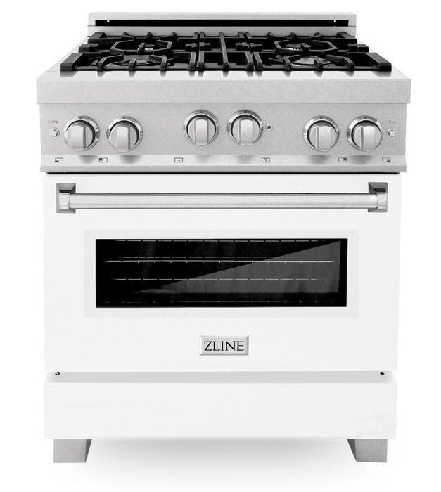 ZLINE 30" Professional Gas Range in DuraSnow® with White Matte Door & 30" Range Hood Appliance Package, 2KP-RGSWMRH30