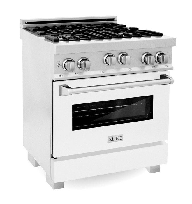 ZLINE 30" Professional Gas Range in DuraSnow® with White Matte Door & 30" Range Hood Appliance Package, 2KP-RGSWMRH30