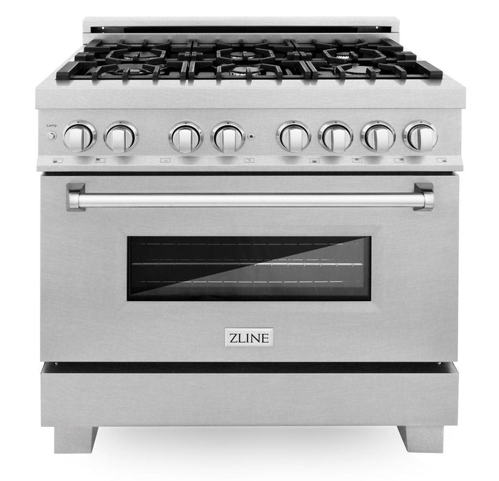 ZLINE 36 in. Dual Fuel Range & 36 in. Range Hood in DuraSnow® Appliance Package, 2KP-RASSNRH36