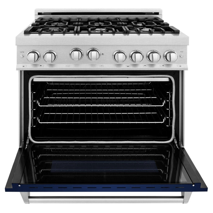 ZLINE 36" Professional Gas Range in DuraSnow® with Blue Gloss Matte Door & 36" Range Hood Appliance Package, 2KP-RGSBGRH36