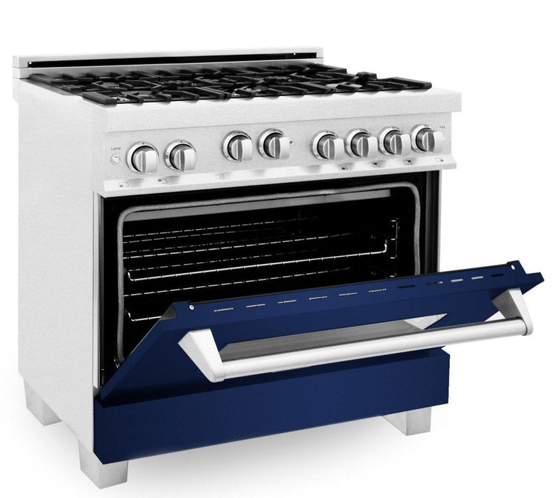 ZLINE 36" Professional Gas Range in DuraSnow® with Blue Gloss Matte Door & 36" Range Hood Appliance Package, 2KP-RGSBGRH36