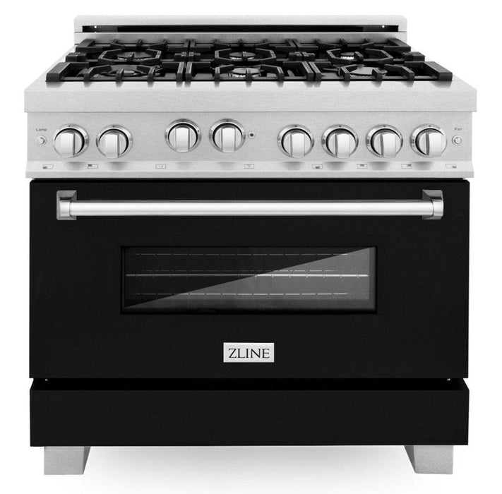 ZLINE 36" Professional Gas Range in DuraSnow® with Black Matte Door & 36" Range Hood Appliance Package, 2KP-RGSBLMRH36