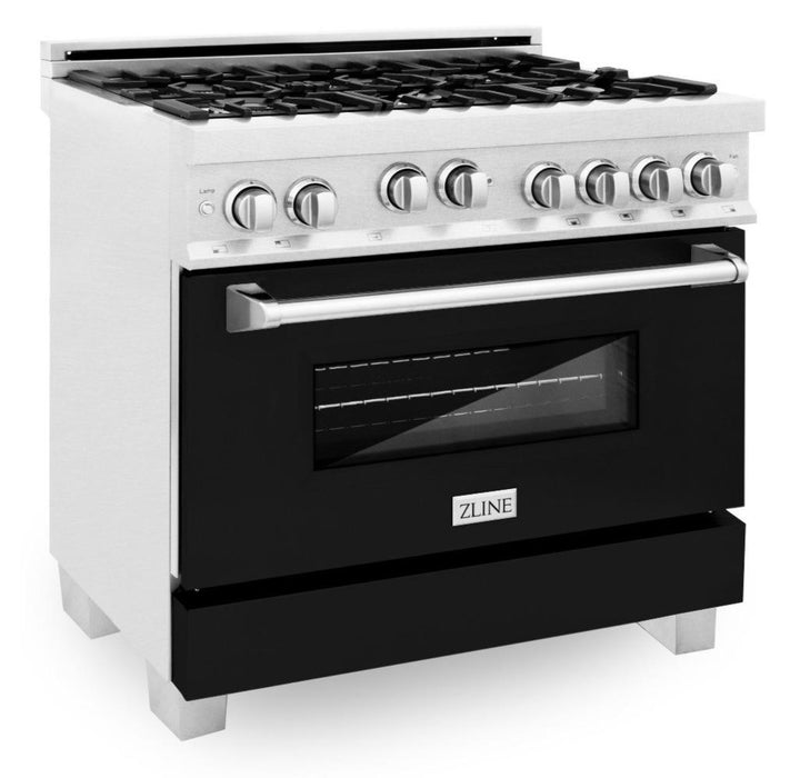 ZLINE 36" Professional Gas Range in DuraSnow® with Black Matte Door & 36" Range Hood Appliance Package, 2KP-RGSBLMRH36