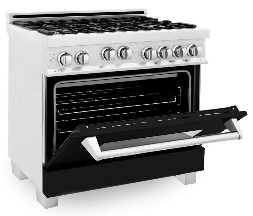 ZLINE 36" Professional Gas Range in DuraSnow® with Black Matte Door & 36" Range Hood Appliance Package, 2KP-RGSBLMRH36