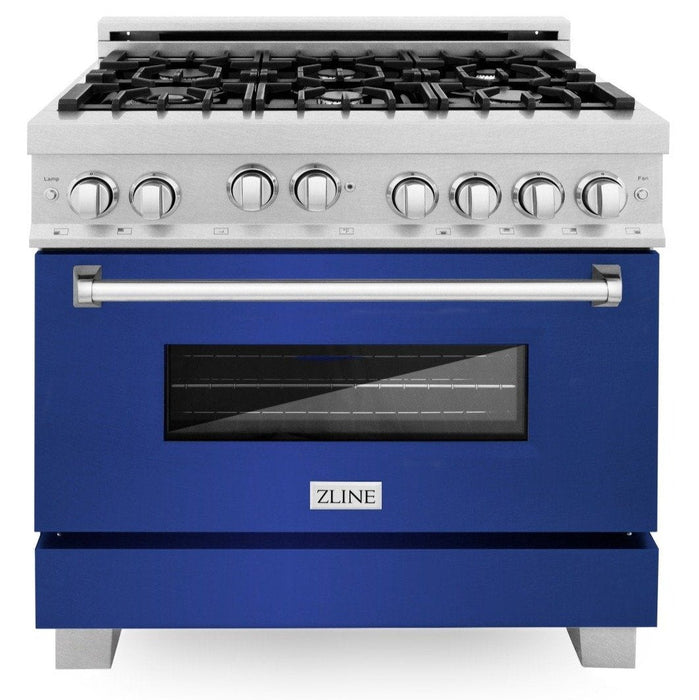 ZLINE 36" Professional Gas Range in DuraSnow® with Blue Matte Door & 36" Range Hood Appliance Package, 2KP-RGSBMRH36