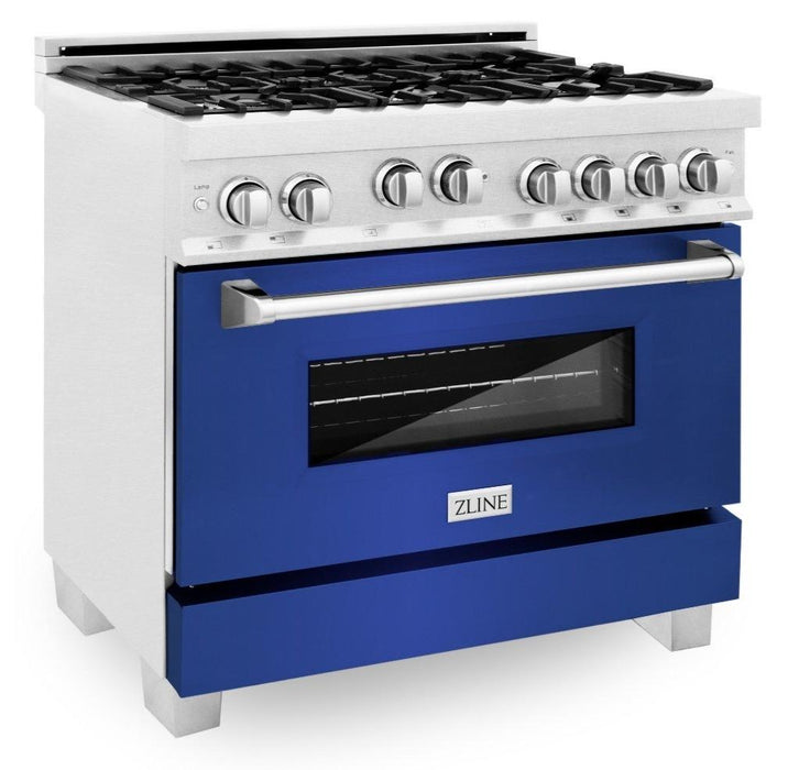 ZLINE 36" Professional Gas Range in DuraSnow® with Blue Matte Door & 36" Range Hood Appliance Package, 2KP-RGSBMRH36