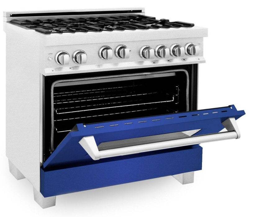 ZLINE 36" Professional Gas Range in DuraSnow® with Blue Matte Door & 36" Range Hood Appliance Package, 2KP-RGSBMRH36