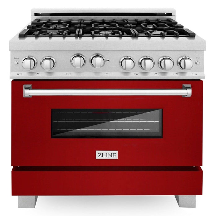 ZLINE 36" Professional Gas Range in DuraSnow® with Red Gloss Door & 36" Range Hood Appliance Package, 2KP-RGSRGRH36