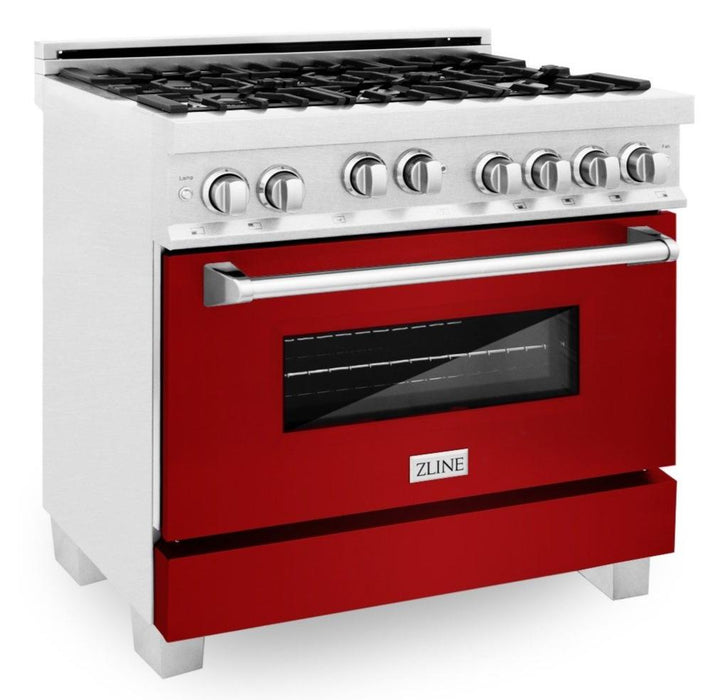 ZLINE 36" Professional Gas Range in DuraSnow® with Red Gloss Door & 36" Range Hood Appliance Package, 2KP-RGSRGRH36