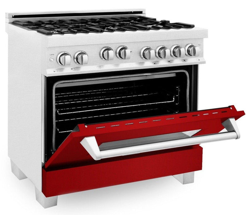 ZLINE 36" Professional Gas Range in DuraSnow® with Red Gloss Door & 36" Range Hood Appliance Package, 2KP-RGSRGRH36