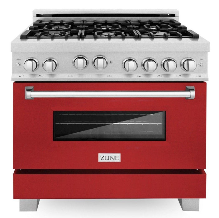 ZLINE 36" Professional Gas Range in DuraSnow® with Red Matte Door & 36" Range Hood Appliance Package, 2KP-RGSRMRH36