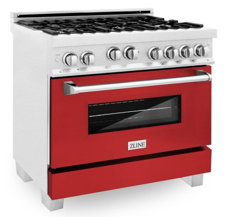 ZLINE 36" Professional Gas Range in DuraSnow® with Red Matte Door & 36" Range Hood Appliance Package, 2KP-RGSRMRH36