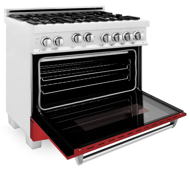 ZLINE 36" Professional Gas Range in DuraSnow® with Red Matte Door & 36" Range Hood Appliance Package, 2KP-RGSRMRH36