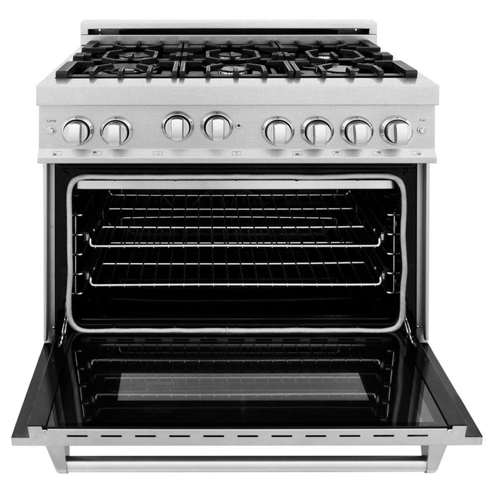 ZLINE 36 in. Kitchen Appliance Package with DuraSnow® Stainless Steel Gas Range, Ducted Range Hood and Dishwasher, 3KP-RGSRH36-DWV