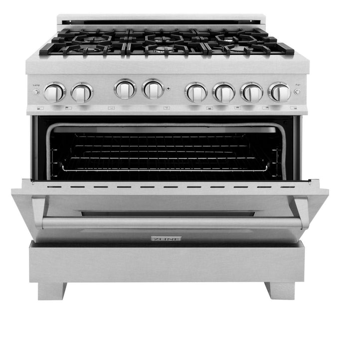 ZLINE 36 in. Kitchen Appliance Package with DuraSnow® Stainless Steel Gas Range, Ducted Range Hood and Dishwasher, 3KP-RGSRH36-DWV