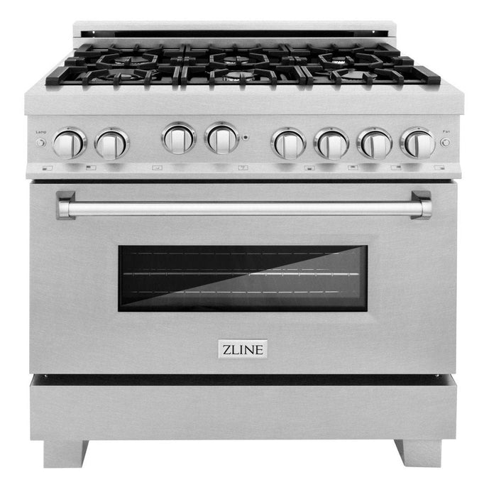 ZLINE 36" Professional Gas Range in DuraSnow® Stainless Steel & 36" Range Hood Appliance Package, 2KP-RGSSNRH36