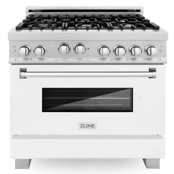 ZLINE 36" Professional Gas Range in DuraSnow® with White Matte Door & 36" Range Hood Appliance Package, 2KP-RGSWMRH36